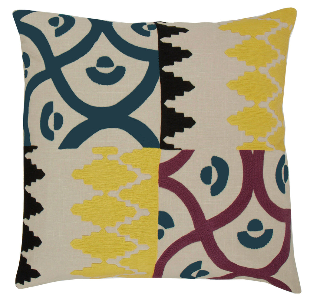 Multi tile yellow, 22x22in cushion.
